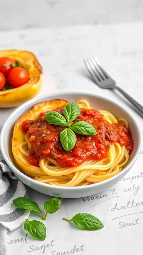 A bowl of spaghetti squash topped with marinara sauce and fresh basil, alongside a halved spaghetti squash with cherry tomatoes.