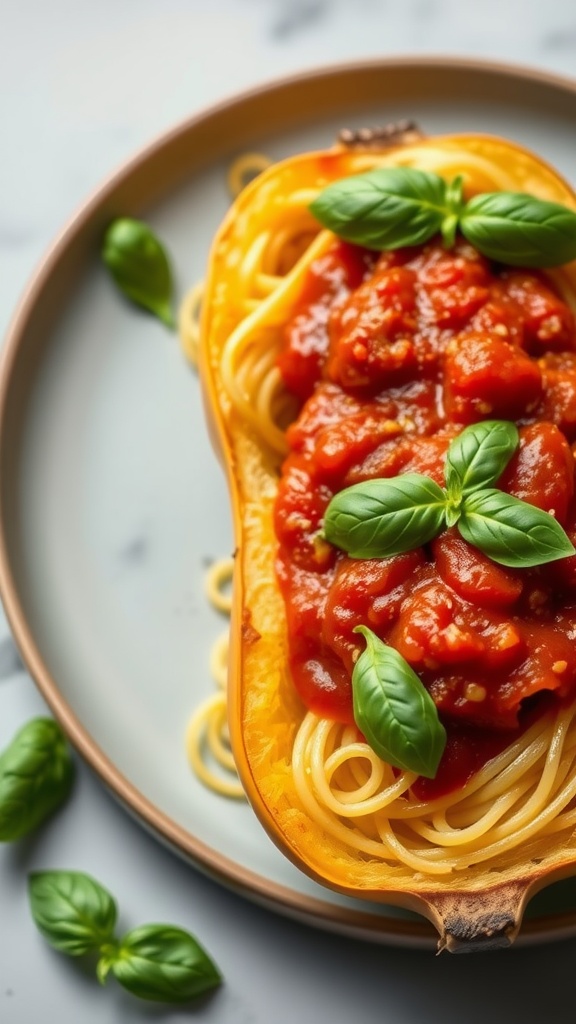 A plate of spaghetti squash topped with marinara sauce and fresh basil leaves.
