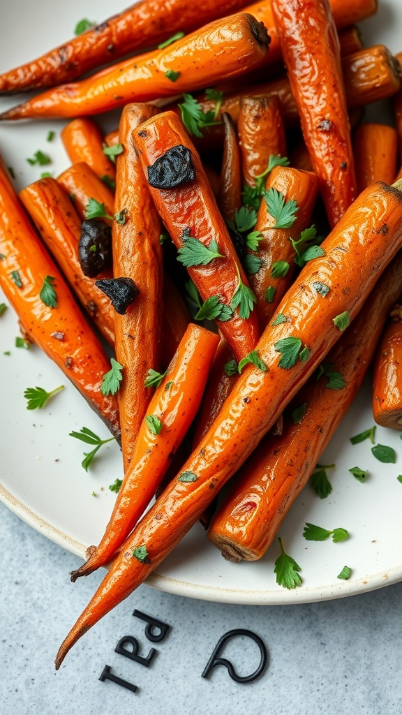 A plate of spiced roasted carrots garnished with fresh herbs.