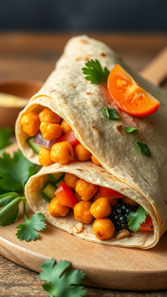 A delicious spicy chickpea wrap with fresh vegetables and toppings