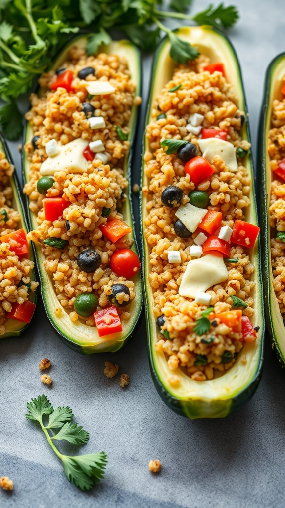 Stuffed zucchini boats filled with grains, black beans, and colorful peppers.