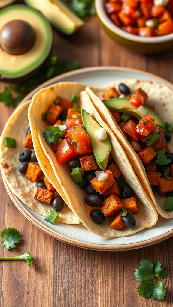 Three sweet potato and black bean tacos on a plate with fresh toppings.