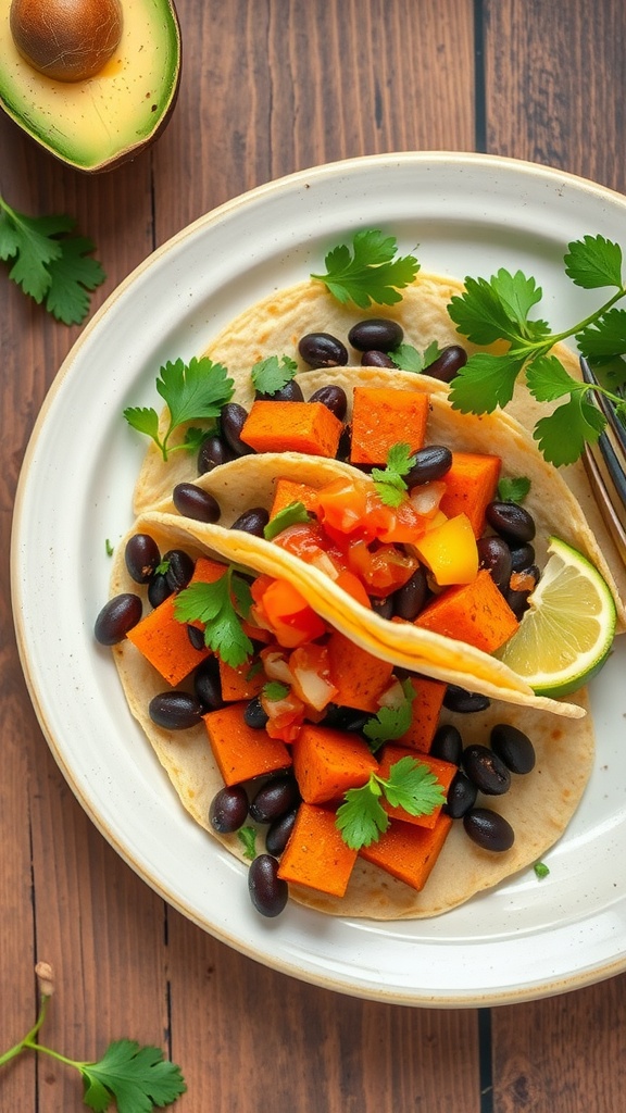 A plate of sweet potato and black bean tacos garnished with cilantro and lime.
