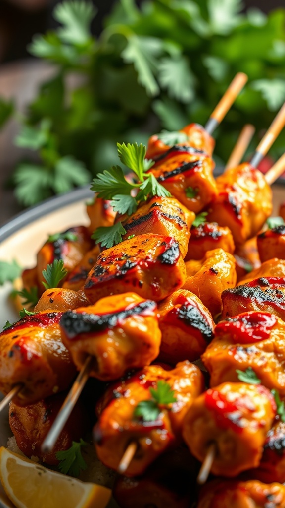 A plate of grilled tandoori chicken skewers garnished with fresh herbs.
