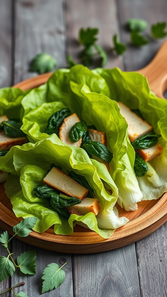 A plate of turkey and spinach lettuce wraps on a wooden serving board.