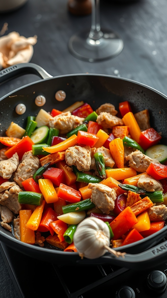 A colorful turkey and vegetable stir-fry in a skillet, featuring bright peppers, green onions, and garlic.