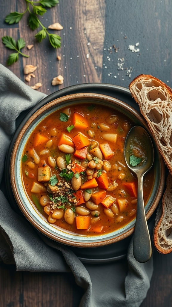 A bowl of vegetable lentil soup with colorful vegetables and lentils, served with bread on the side.