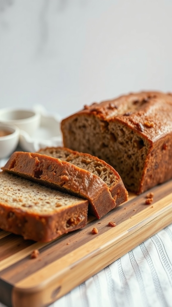 Sliced whole wheat banana bread on a wooden cutting board with a light background.
