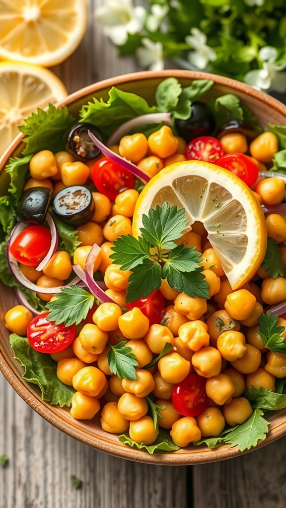 A colorful salad with chickpeas, cherry tomatoes, olives, and lemon on top.