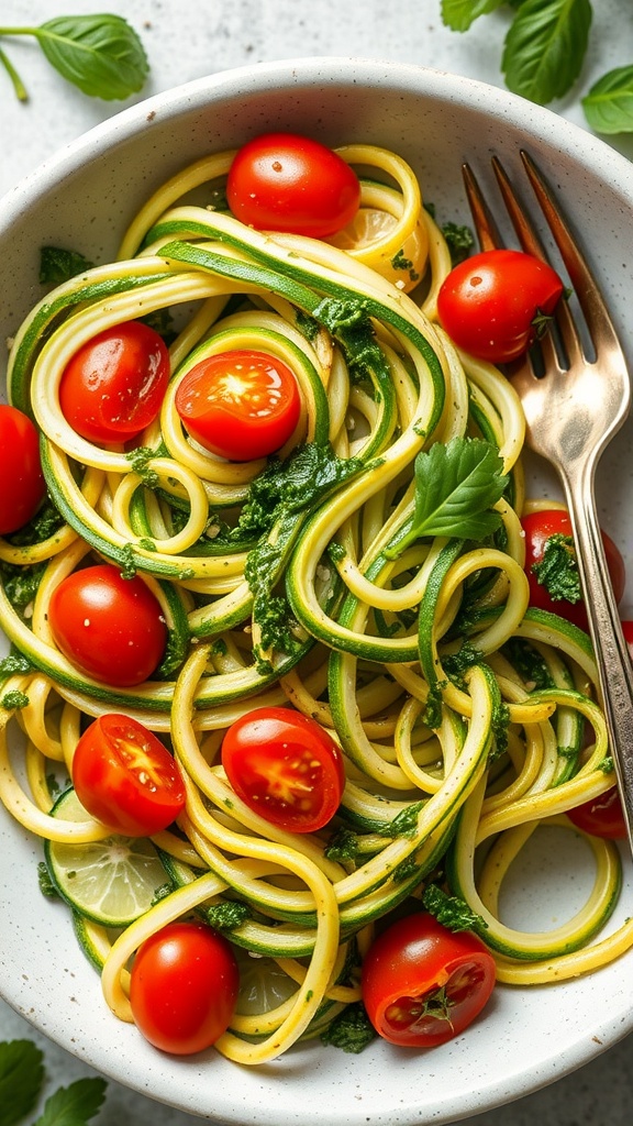 A bowl of zucchini noodles mixed with pesto sauce and cherry tomatoes.