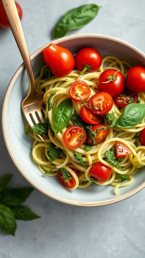 A bowl of zucchini noodles topped with pesto, cherry tomatoes, and fresh basil.
