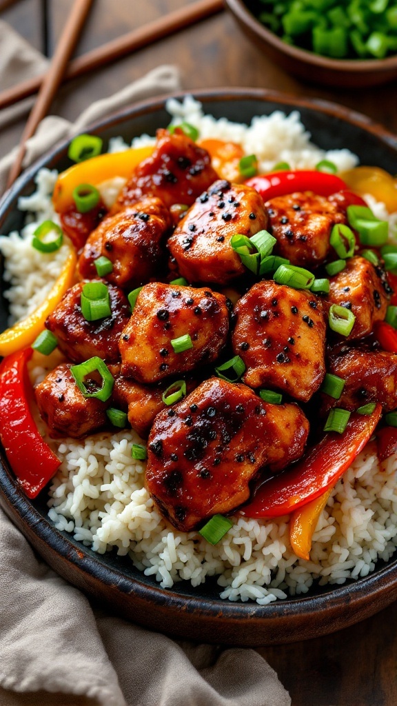 Spicy and Savory Black Pepper Chicken Recipe A plate of black pepper chicken stir-fry with bell peppers and onions, garnished with green onions, served with rice.