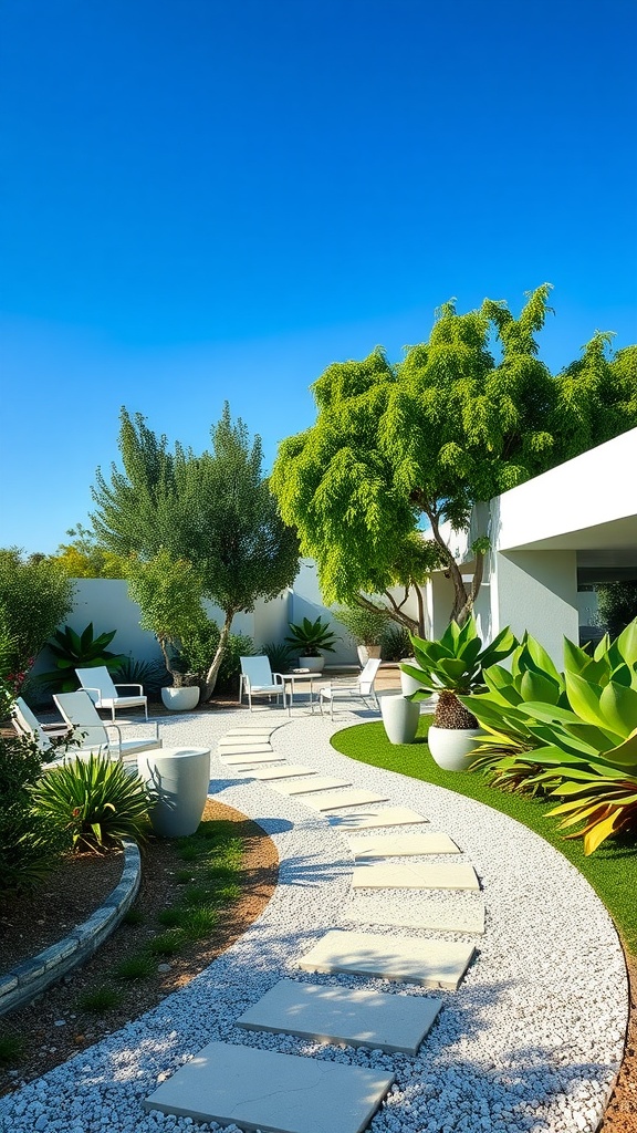 A modern garden featuring a curved gravel pathway lined with stepping stones, surrounded by white furniture and lush green plants under a clear blue sky.