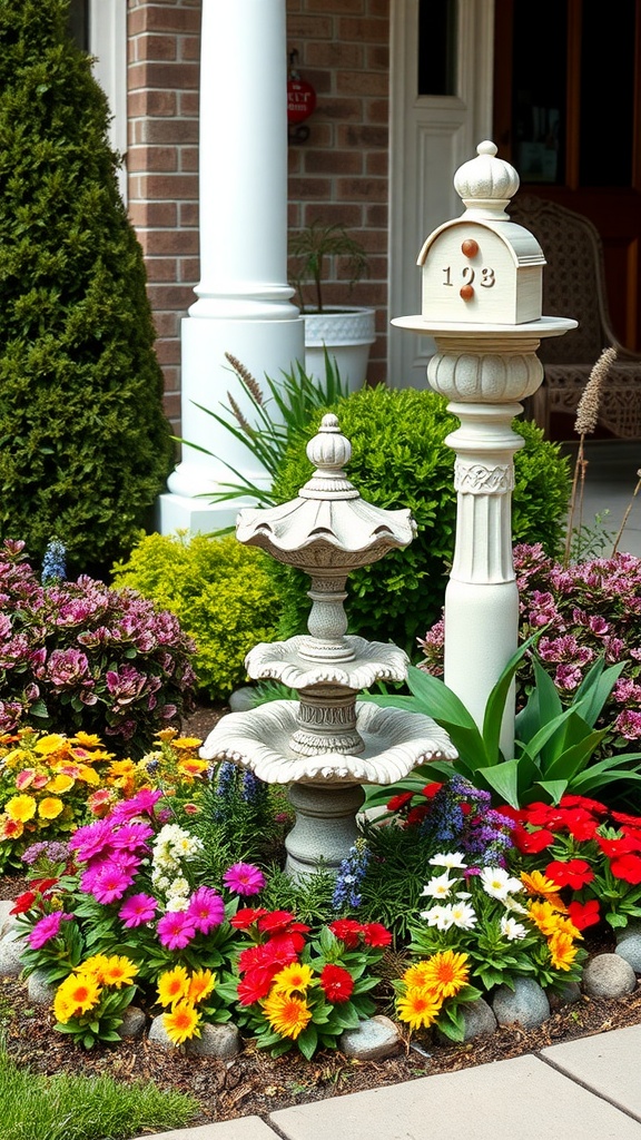 A charming birdbath surrounded by colorful flowers near a mailbox.