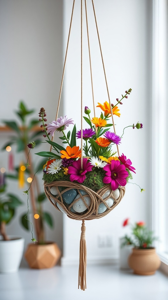A colorful hanging Kokedama planter with flowers and decorative stones, showcasing a beautiful arrangement.