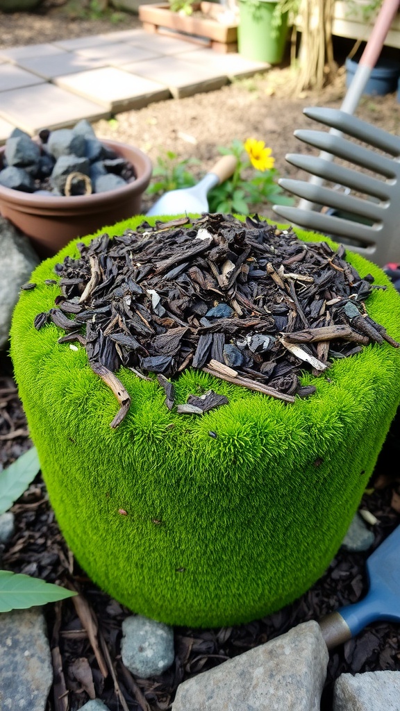 A green moss-covered pot topped with mulch, surrounded by rocks and gardening tools.