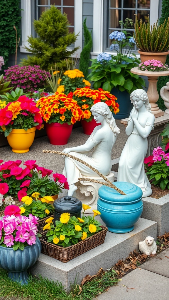 Vibrant flower arrangement with decorative pots and sculptures in a garden setting.