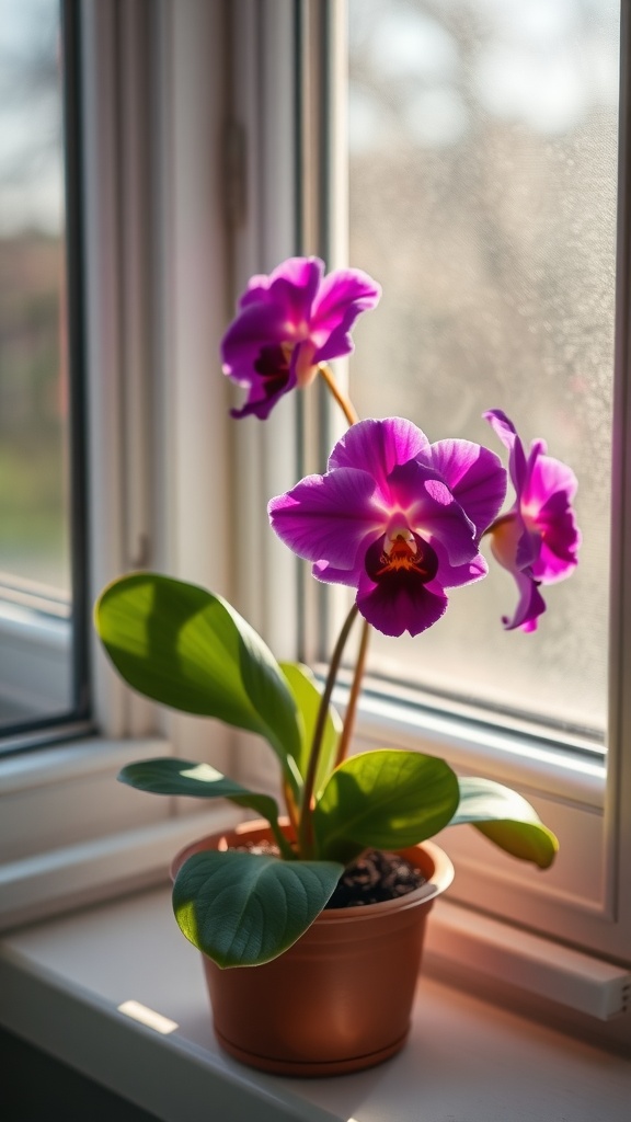 A bright purple African violet in a pot by an east-facing window, showcasing its colorful blossoms and green leaves.