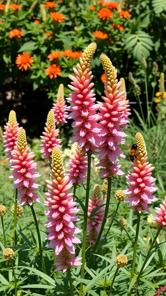 Beautiful spikes of pinkish Agastache flowers in a lush garden setting.