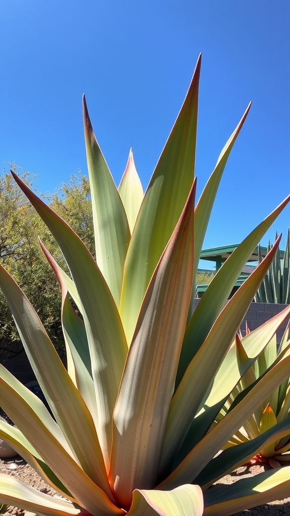 Agave americana with tall, pointed leaves against a blue sky