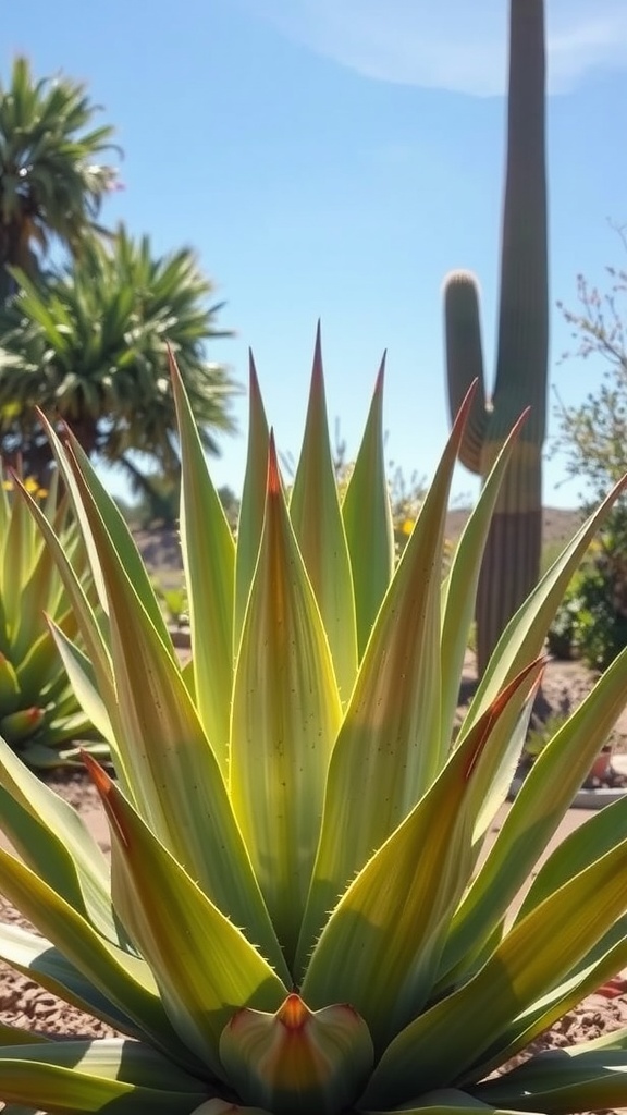 Close-up of an Agave plant with spiky leaves in a sunny desert environment