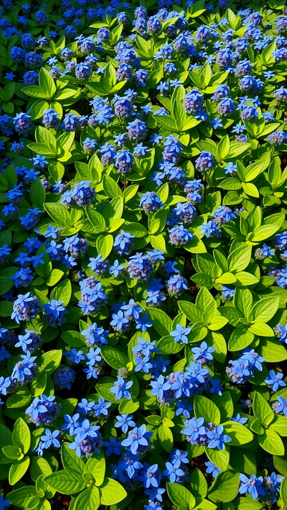 A vibrant display of Ajuga (Bugleweed) with purple flowers and lush green leaves.