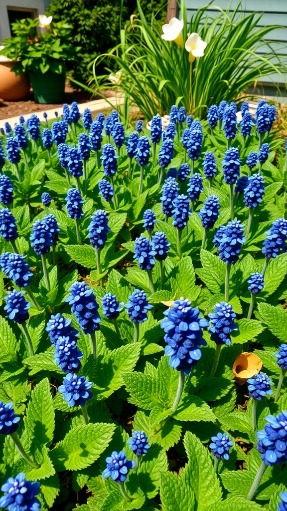 A vibrant patch of Ajuga flowers with blue blooms and lush green leaves.