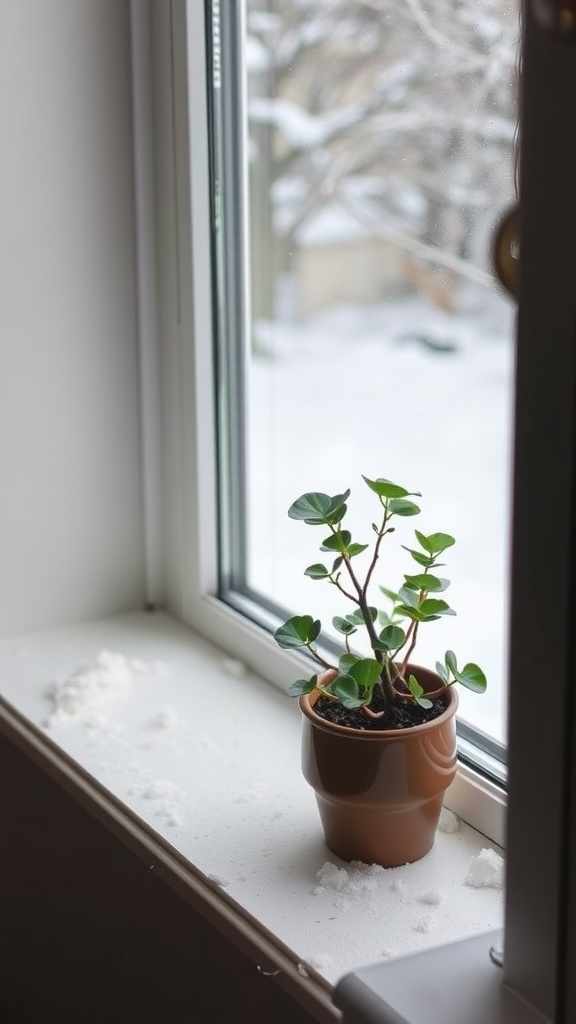 A Jade plant on a windowsill with a note reminding to water it minimally during winter.