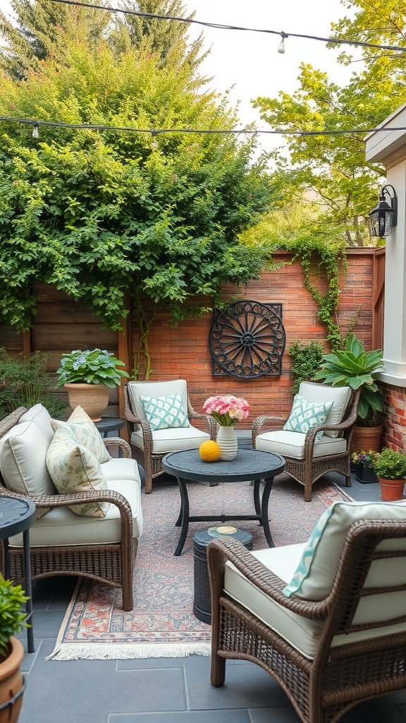 A cozy outdoor patio with wicker chairs, pastel cushions, a round table with flowers, and lush greenery.