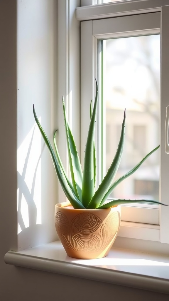 Aloe Vera plant on a window sill with sunlight shining on it