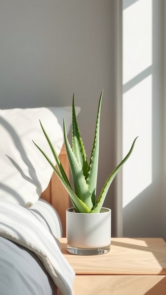 Aloe Vera plant in a stylish pot on a bed with sunlight