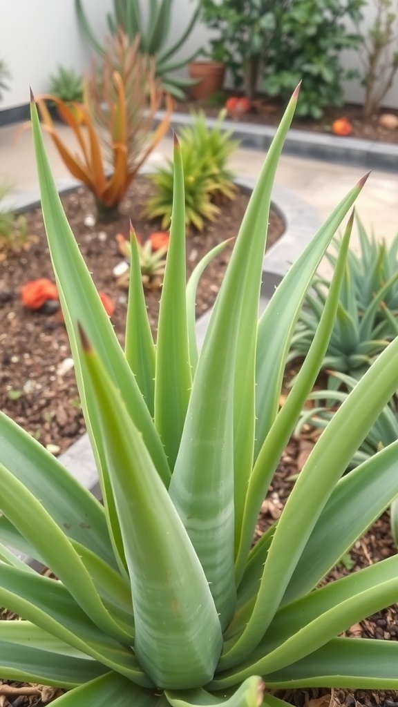 A close-up of Aloe Vera leaves in a garden setting