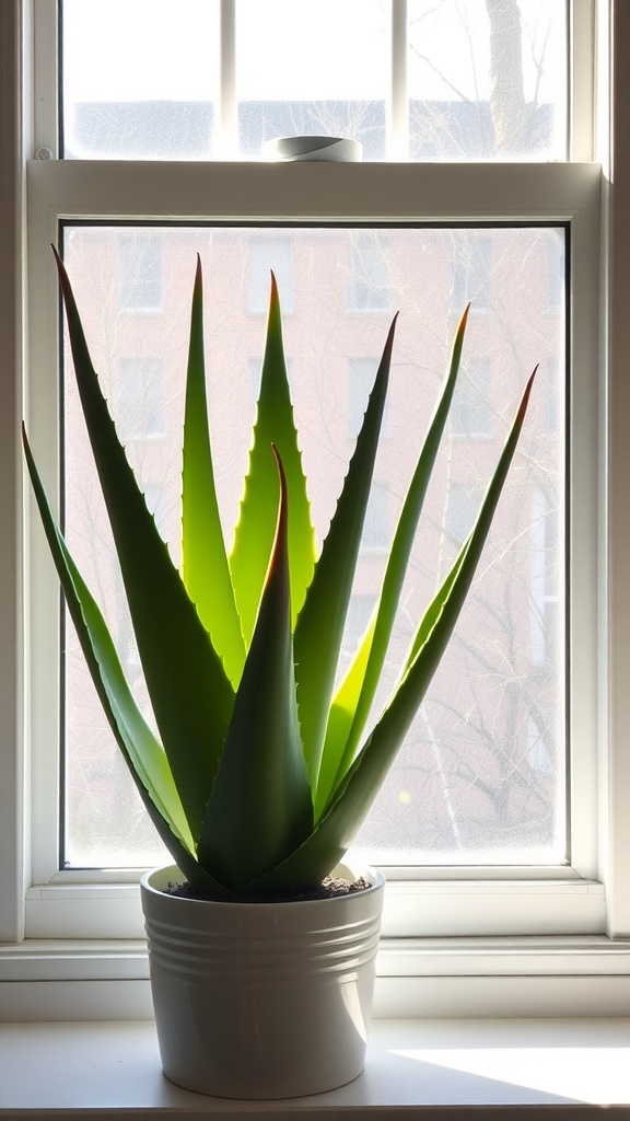 Aloe Vera plant in a white pot, positioned in front of a window receiving morning sunlight.