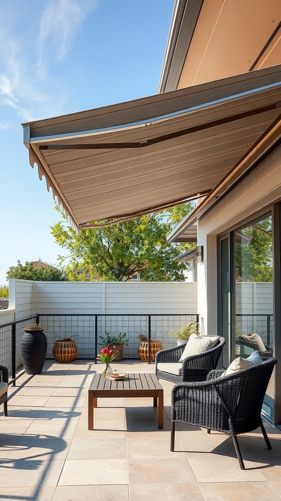 Modern patio featuring an aluminum awning, stylish seating, and decorative plants.