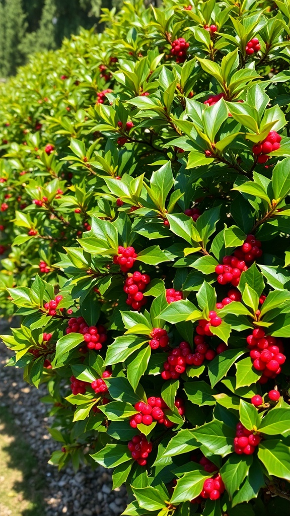 Lush American Holly hedge with bright red berries and glossy green leaves.