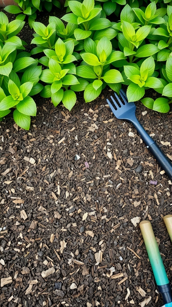 A close-up of green plants with a thick layer of mulch and gardening tools