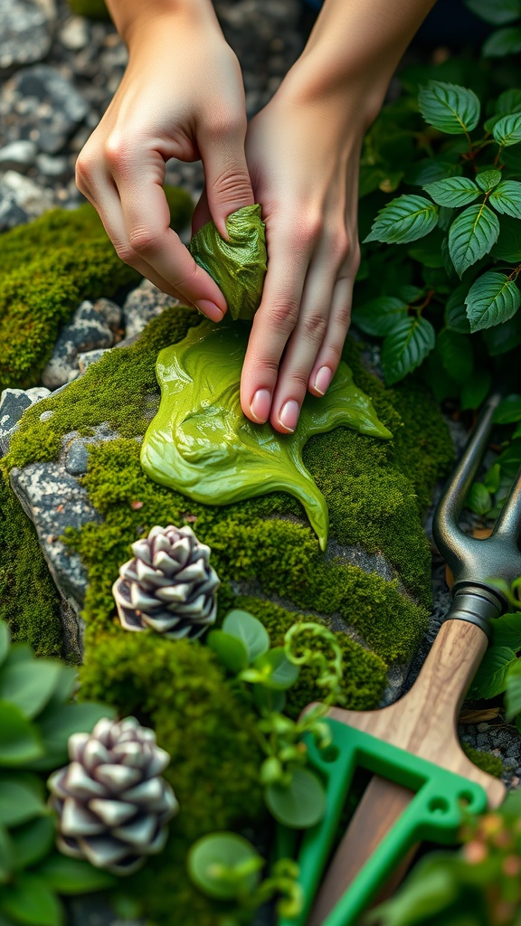 Hands applying green moss paste onto a rock covered in moss