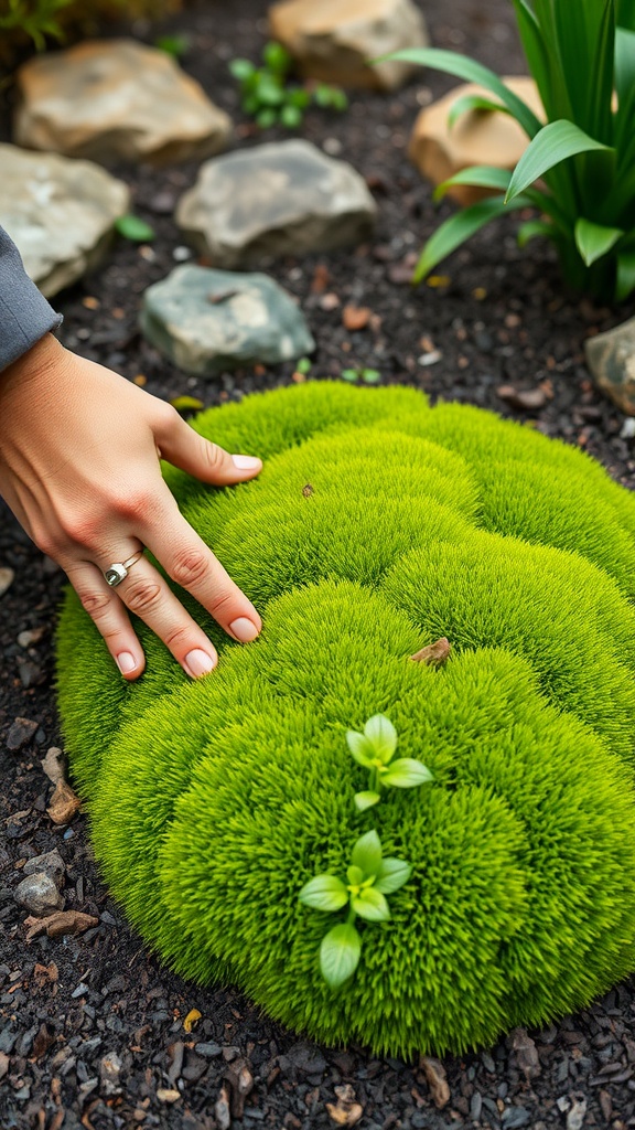 A hand gently pressing down on a vibrant patch of moss in a garden setting.