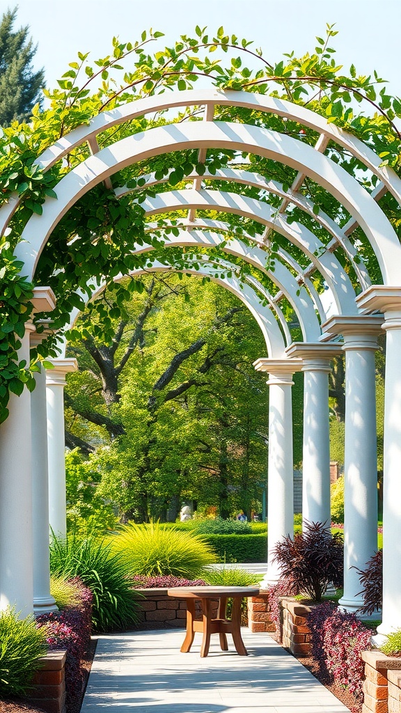 Arched pergola with lush greenery and a small wooden table