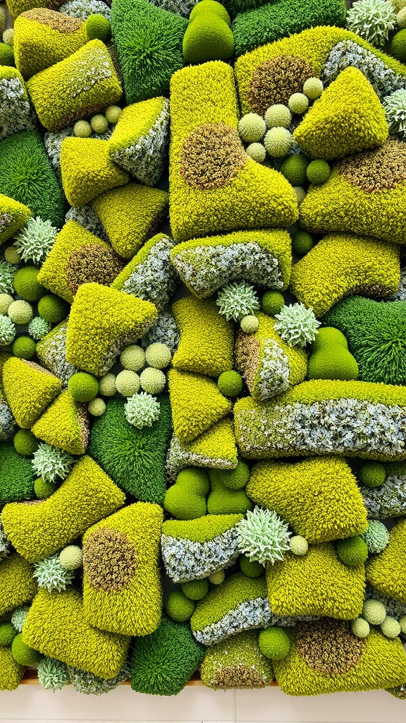 A vibrant, layered arrangement of various moss types and shapes, showcasing a natural, organic look.