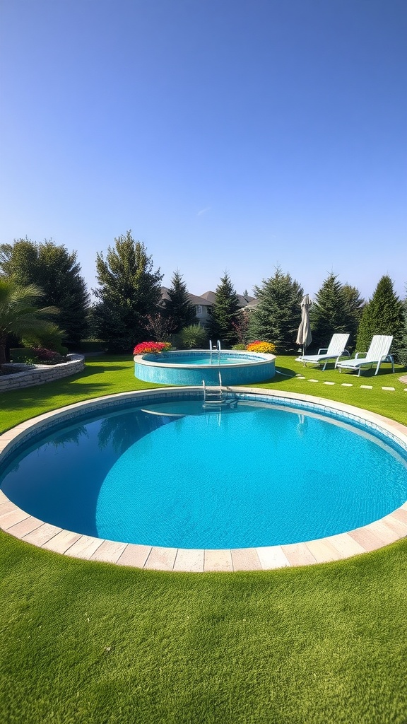 Two above-ground pools surrounded by lush artificial turf and vibrant flowers