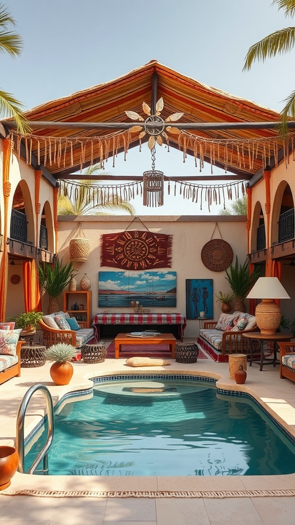 A vibrant bohemian cabana with colorful seating, art on the walls, and a sparkling pool.