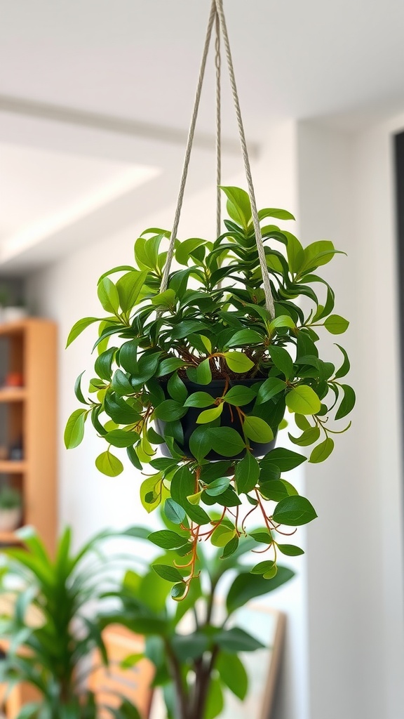 A lush jade plant in a black hanging planter, suspended by a rope, with green leaves cascading down.