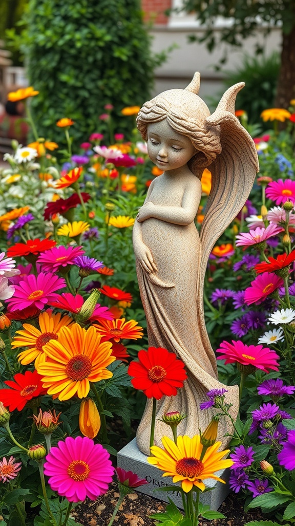 A charming statue surrounded by colorful flowers in a garden.