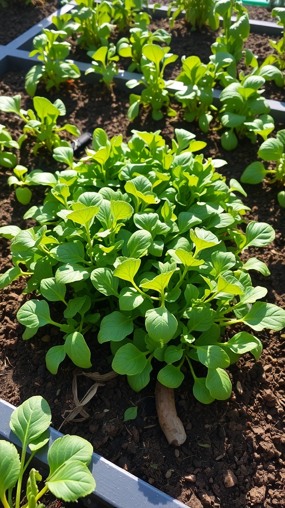 Healthy arugula plants growing in a garden bed