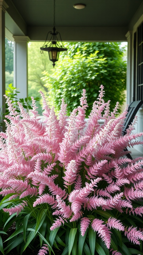 Astilbe flowers in pink blooming in a shaded porch area.