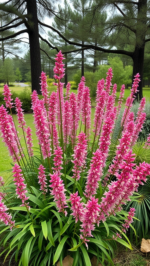 Astilbe flowers in pink blooming under tall pine trees