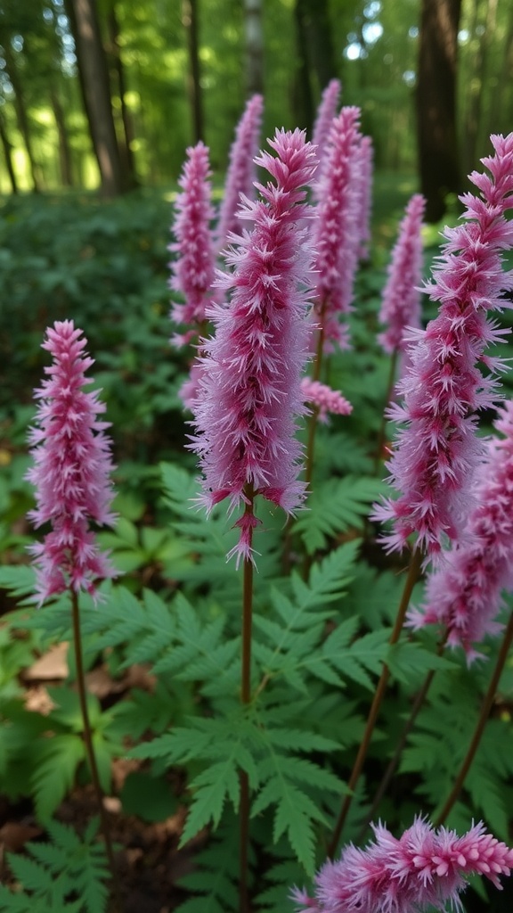 Astilbe flowers with pink feather-like plumes surrounded by lush green foliage in a shaded area.