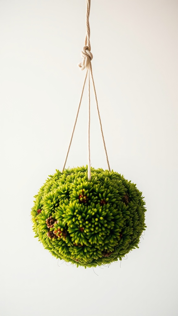 A hanging Japanese Moss Ball, showcasing a natural string attachment.