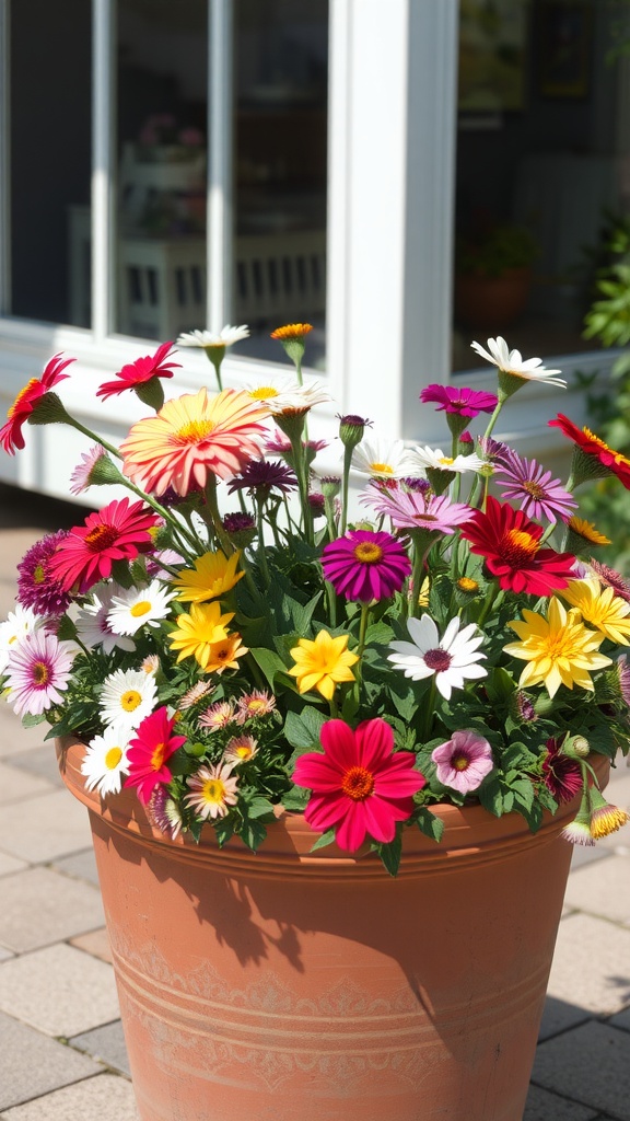 A vibrant pot filled with colorful flowers in full sun.